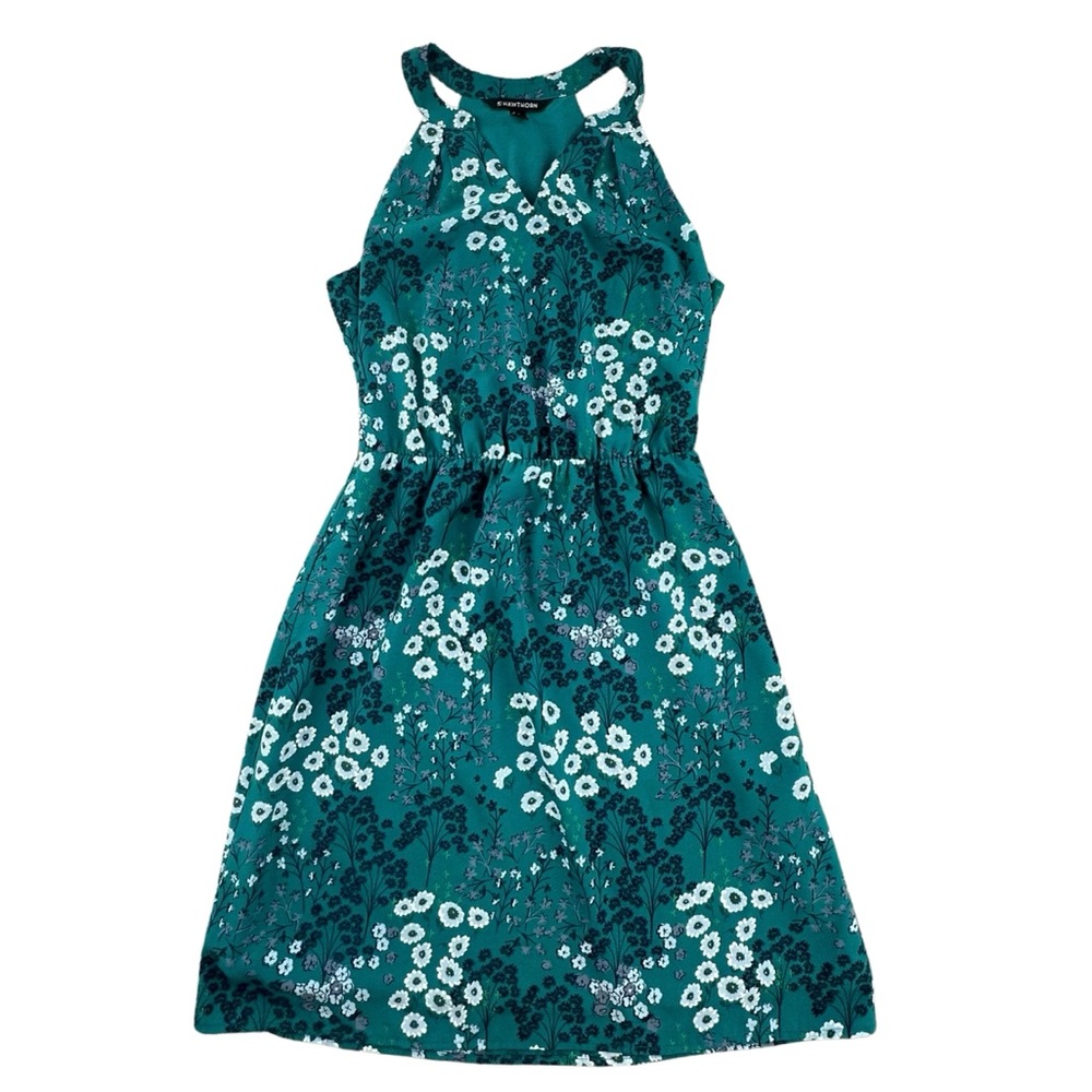 41 HAWTHORN Floral Dress Small Teal Sleeveless Elastic Waist Figure Flattering